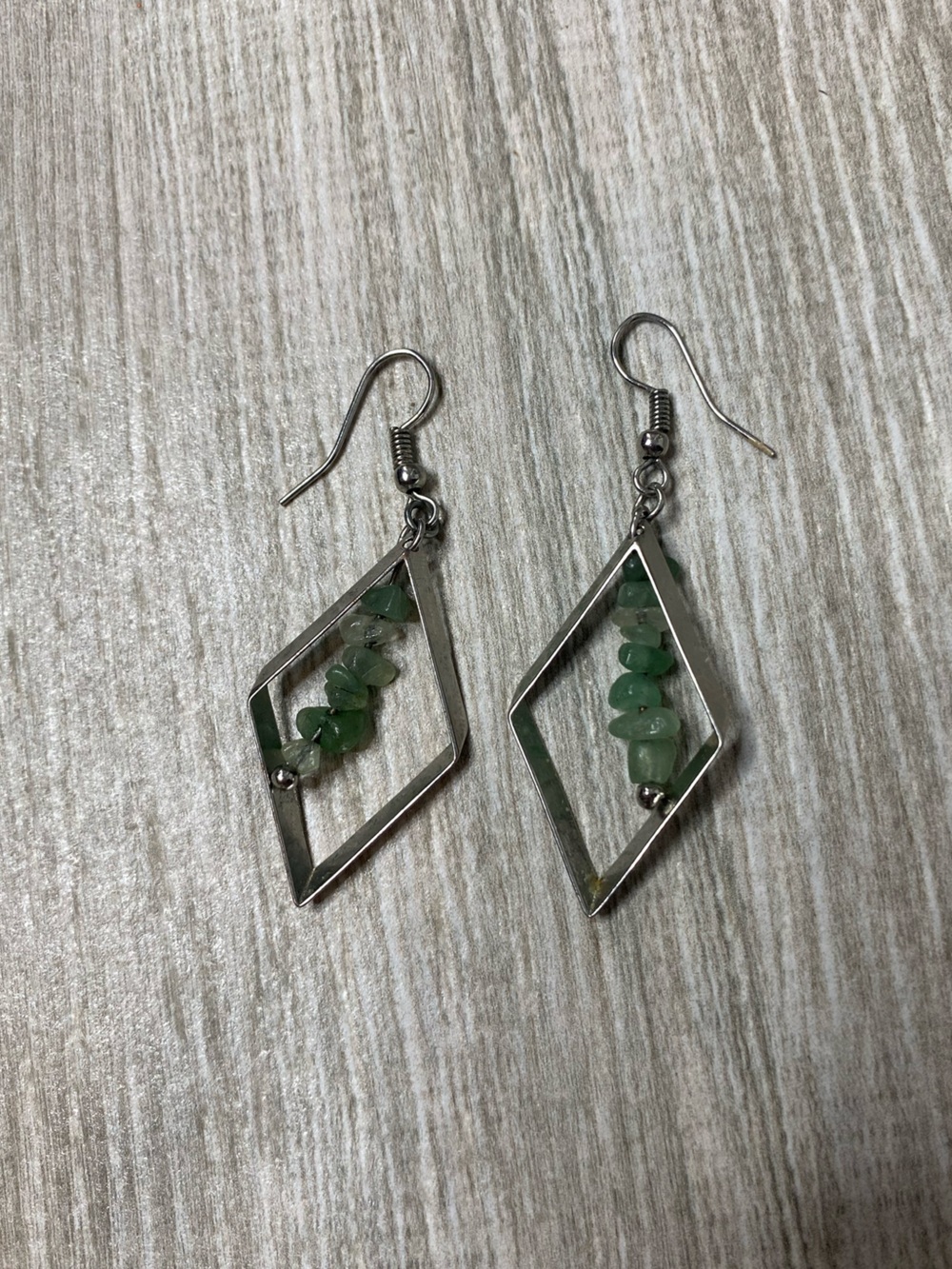 Green Aventurine Stone Chip Dangle Earrings Silver Geometric Boho Handmade Style